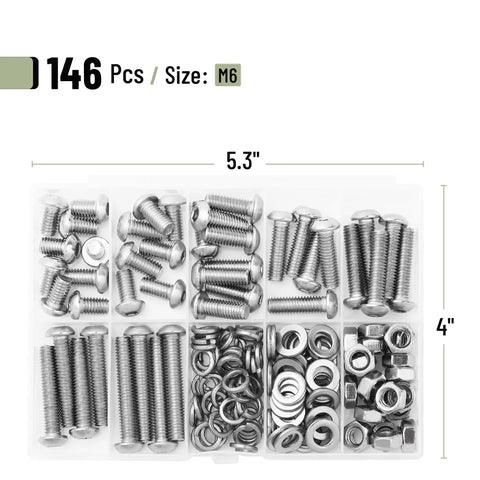 Nuts And Bolts Assortment Kit With 146 Pieces Stainless Steel Hardware Set Including M6 Screws In 7 Sizes Visible
