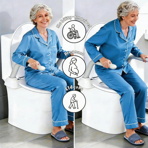 Toilet Safety Rails For Seniors Featuring Sturdy Grab Bars And No Sweat Install For Handicap Bathroom Aid And Reliable Standing Support Without Any Fuss Or Delay, elderly woman using grab bars.