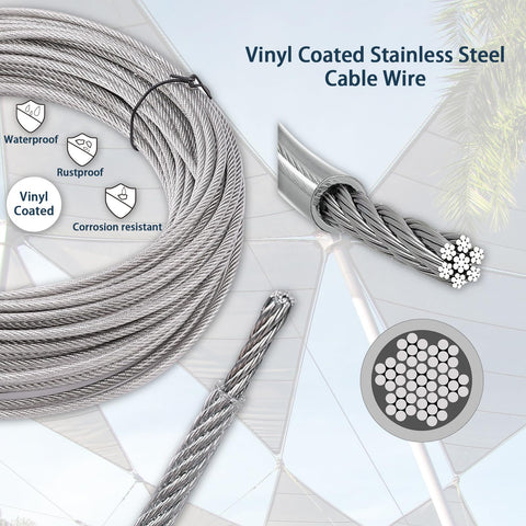 Vinyl-coated stainless steel cable wire from the Shade Sail Hardware Kit With One Eighth Inch Wire Rope Measuring 131 Feet For Triangle And Rectangle Sun Shade Sails Outdoor Install Includes Turnbuckles Cables Hooks Clamps Thimbles All In One 243 Pieces Ready To Go highlighted for durability and construction.