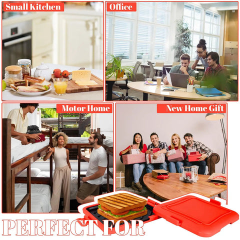 Various uses of Three In One Microwave Toastie Sandwich Maker With Panini Press in kitchens, offices, motor homes, and as gifts