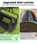 Heavy Duty 24 Inch Compost Spreader side latches detail and close-up showing mesh basket and iron build.