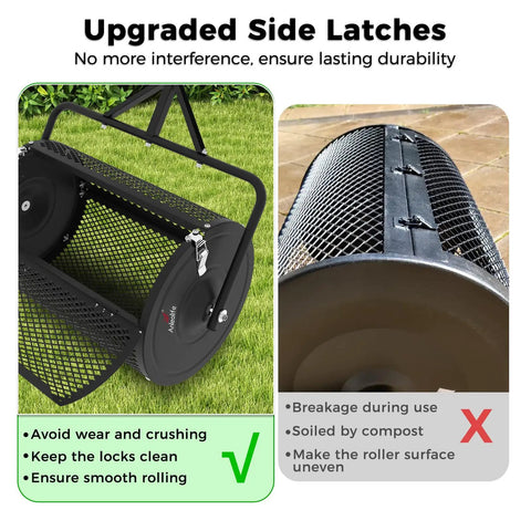 Heavy Duty 24 Inch Compost Spreader side latches detail and close-up showing mesh basket and iron build.