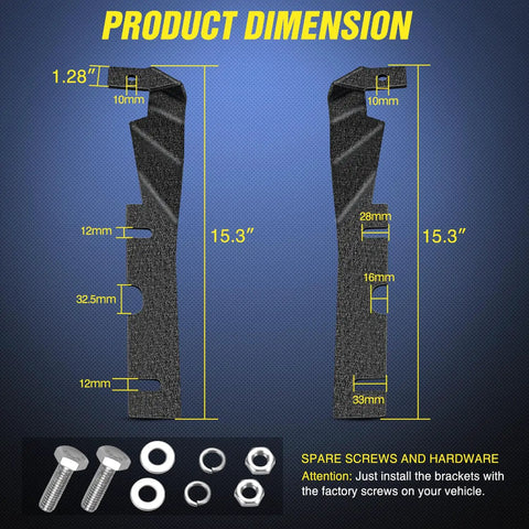 Product dimensions with screws for Ditch Light Brackets For Hood Hinges Mounts For Offroad LED Pod Light And Work Light On 2009 2018 Dodge Ram 1500 2500 3500 With Thickened Brackets And Wider Holes For Heavy Lights, 2 Years Warranty, Black.