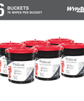 Six buckets of Heavy Duty Wet Towels ProScrub Dual Action Cleaning Wipes, 75 wipes each, shown in packaging.