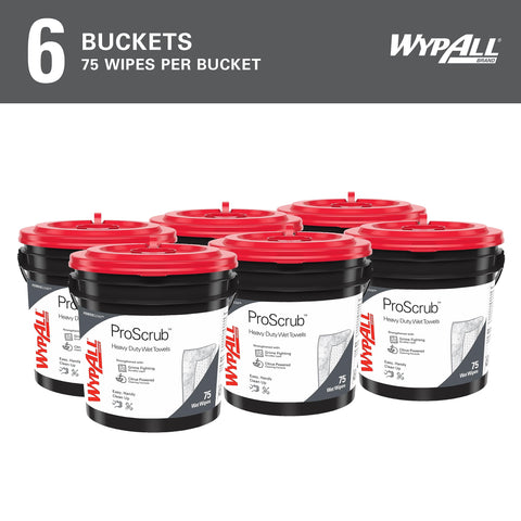 Six buckets of Heavy Duty Wet Towels ProScrub Dual Action Cleaning Wipes, 75 wipes each, shown in packaging.