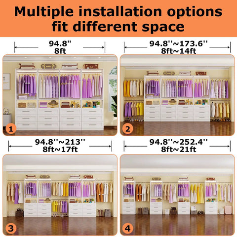 White Modular Closet System, Set Of 4 With 12 Drawers And 8 Rods, displaying multiple layout options and configurations.
