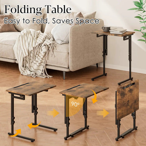 Adjustable Folding TV Tray Table For Eating And Snacking, 6 Height Levels, C Shaped End Table in living room fold sequence.