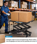 Heavy Duty Hydraulic Lift Table Cart With 770 Lbs Load Capacity And 50 Inch Height, moving boxes in a warehouse.