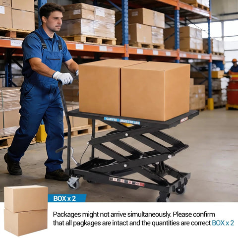 Heavy Duty Hydraulic Lift Table Cart With 770 Lbs Load Capacity And 50 Inch Height, moving boxes in a warehouse.