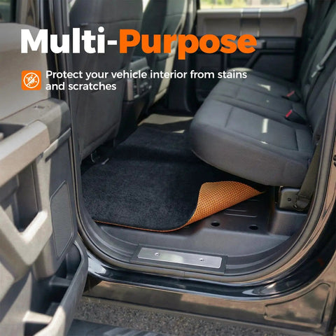 Heavy Duty Oil Spill Mat For Garage Floor Under Car 64 By 32 Inches Waterproof With Durable One Quarter Inch Rubber Backing Reusable Absorbs All Types Of Oil And Fluid Spills In Black shown inside car