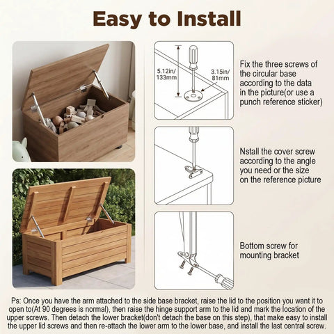 Heavy Duty Soft Close Lid Support Hinges Two Pack 200N Gas Struts For Toy Boxes And Tool Chests Installation Guide with steps.