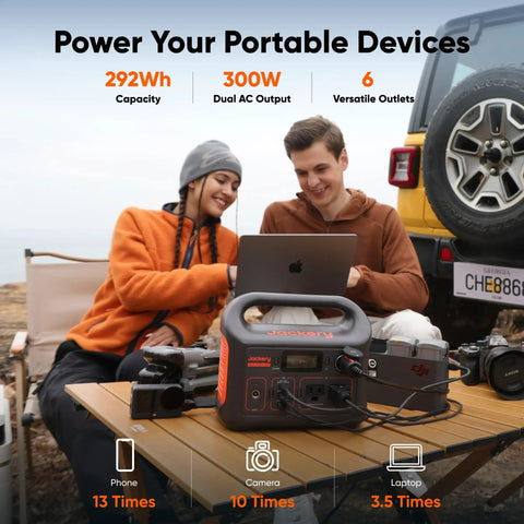 Couple using Beast Portable Solar Generator Explorer 300 Power Station 292Wh with 40W Solar Panel for RV outdoors camping.