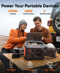 Couple using Portable Power Station Explorer 300 292Wh LiFePO4 Battery Solar Generator for outdoors on camping trip.