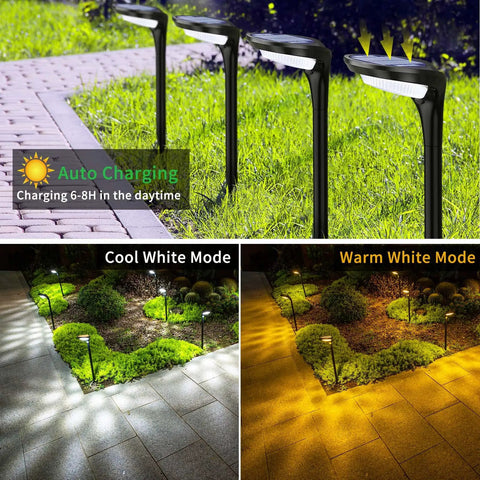 Four Pack Solar Pathway Lights for outdoor use with no wiring required, showcasing cool white and warm white lighting modes along a garden walkway.