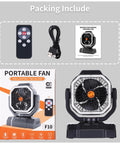 Beast 20000mAh Portable Camping Fan with Remote Control, packaging includes fan, remote, USB cable, and manual