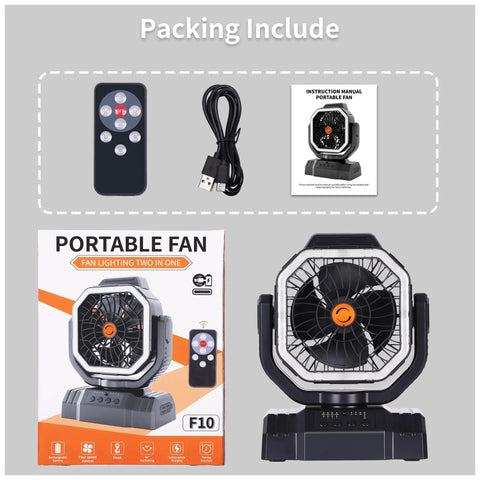 Beast 20000mAh Portable Camping Fan with Remote Control, packaging includes fan, remote, USB cable, and manual