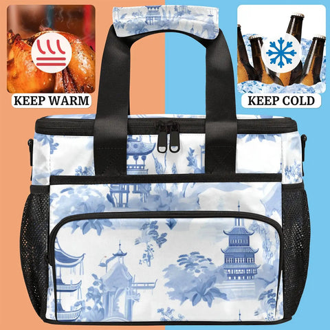 Insulated Picnic Backpack With Ample 12x8.7x10 Inch Capacity Keeps Lunch Fresh All Day, blue design, keep warm and cold icons
