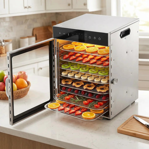 Premium Electric Food Dehydrator With Slick Dual Fan Heating On 12 Heavy Duty Stainless Steel Trays displaying dried fruit and herbs.