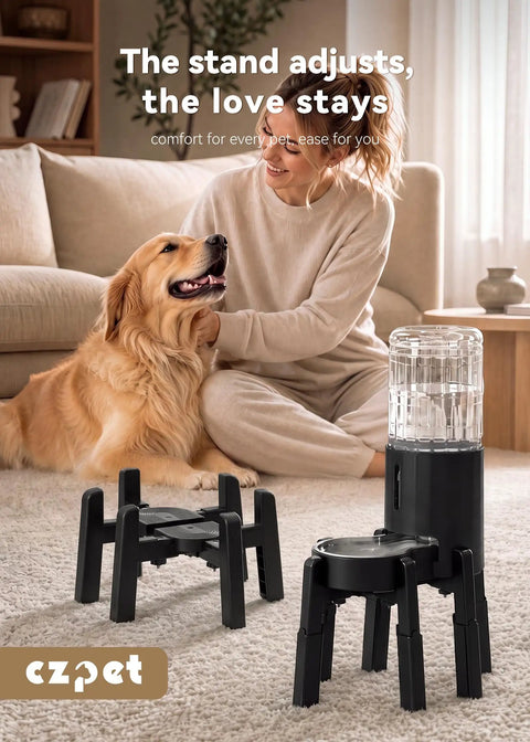 Fully Adjustable Extra Large Dog Bowl Stand For Big Paws Custom Height Width Length with golden retriever and adjustable stand.