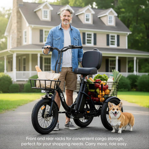 Powerful 1200W Peak Electric Trike For Adults With 48V System Long Range Up To 70 Miles Brushless Motor For Smooth Acceleration And Easy Hill Climb Ideal For Daily Commute And Errands, black cargo trike with front and rear baskets