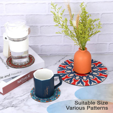 8 Pcs Boho Plant Coaster And Mat Set For Indoor And Outdoor Pots Protect Tables Desks And Floors With Round Flower Saucers In Two Sizes 12 By 12 Cm And 22 By 22 Cm displayed with vase and mug on a table