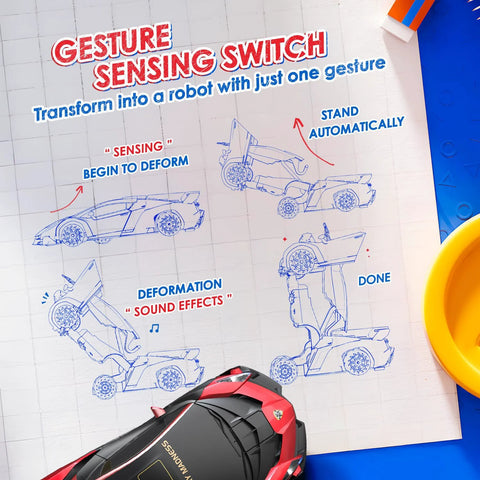 Holyton 1:10 scale transforming RC car and robot top-down view on blueprint with red/black vehicle