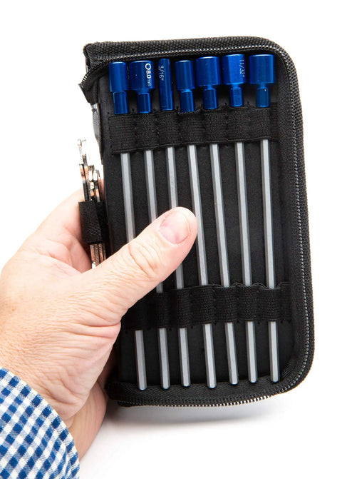 Pro Grade Do It All RC Tool Set For Air And Surface Startups With aluminum handle in zipper case, SAE hex nut drivers visible.