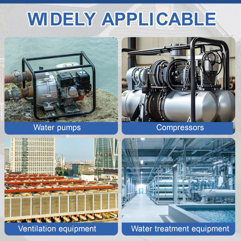 Industrial equipment collage showing water pumps, compressors, ventilation equipment, and water treatment equipment.
