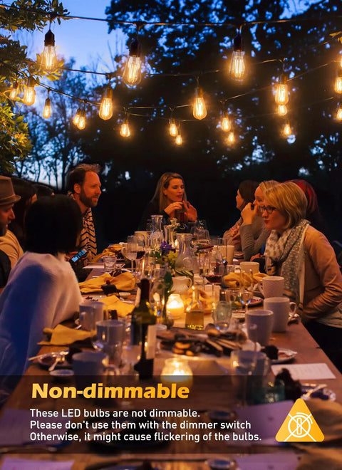 Outdoor dining with string of 12 Pack Vintage LED Edison Bulbs 6W Like 60W Old School Filament Glow With CRI 80 Plus