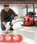 Heavy Duty 100 Foot Automatic Feed Sewer Snake Drain Cleaning Machine in use with a steel cable at a drain, showcasing automatic feeding.