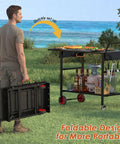 Foldable Grill Cart With Oversized Wheels For 17 To 22 Inch Grills, Ultimate Portable Outdoor BBQ Prep Table shown in use and folded