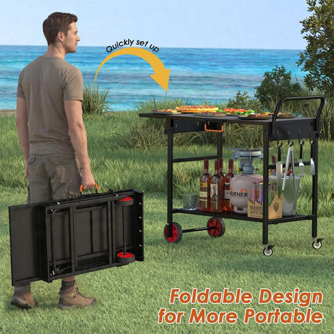 Foldable Grill Cart With Oversized Wheels For 17 To 22 Inch Grills, Ultimate Portable Outdoor BBQ Prep Table shown in use and folded