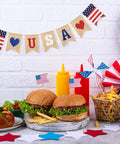 All American Patriotic Burlap Banner Garland For 4th Of July Decor Pre Strung with burgers, fries, and festive setup.