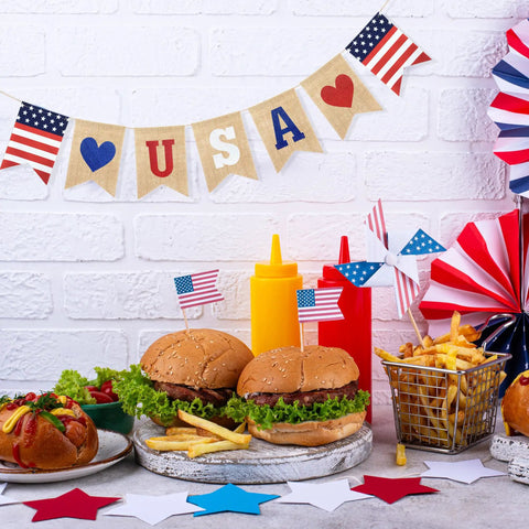 All American Patriotic Burlap Banner Garland For 4th Of July Decor Pre Strung with burgers, fries, and festive setup.