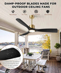 52-inch ceiling fan with matte black and gold finish over patio, 3-blade design with remote control, Alexa built-in smart fan.