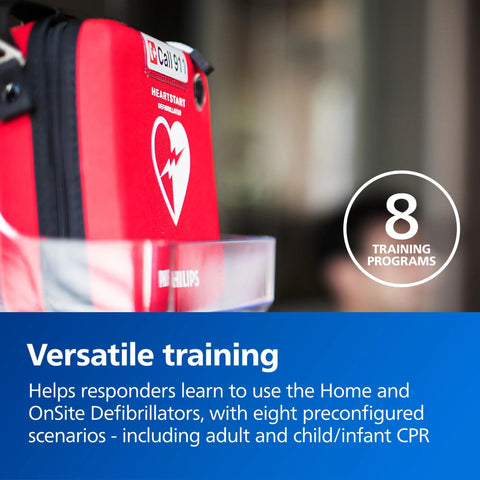 Philips HeartStart AED trainer in red zippered carry case, shows 8 training programs badge