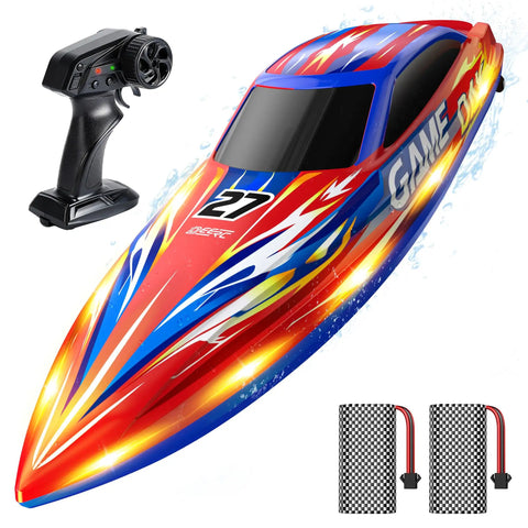 High Speed RC Boat For Kids And Adults, 25 Plus KPH Racing Power, LED Lights, Capsize Recovery, dual 1300mAh batteries, remote