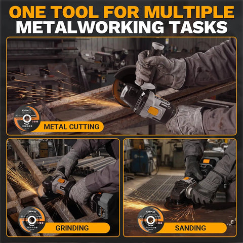 Badass 4 5 Inch Cordless Angle Grinder With 20V Brushless Motor And Dual Batteries Plus Charger cutting metal with sparks.