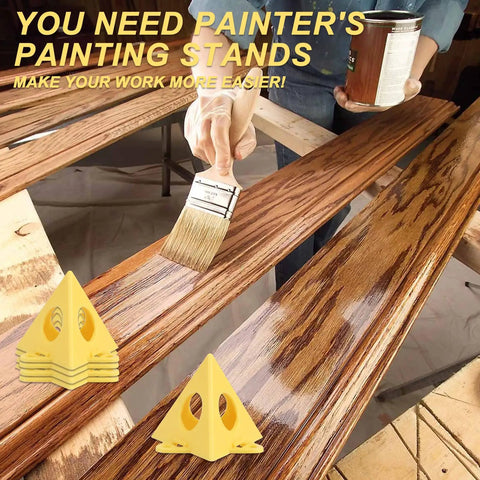 40 Piece Painter Pyramid Stands Set in use, lifting wooden panels for painting, yellow durable plastic, DIY woodworking support tool.