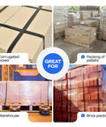 Top Shelf Half Inch By Seventy Two Hundred Foot Polypropylene Strapping Roll securing corrugated boxes and pallets in warehouse.