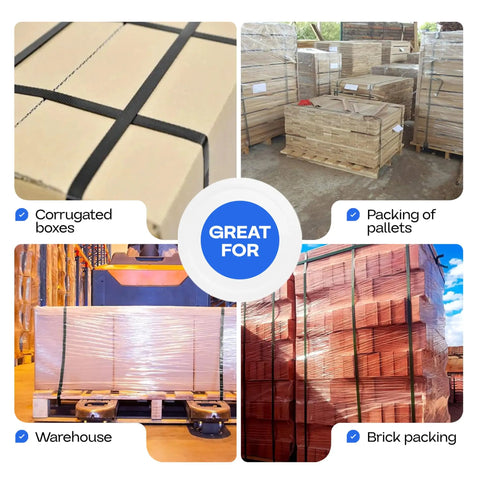 Top Shelf Half Inch By Seventy Two Hundred Foot Polypropylene Strapping Roll securing corrugated boxes and pallets in warehouse.