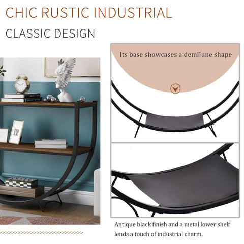Built Different Industrial Half Circle Console Table For Entryway Heavy Duty Steel Frame Rustic Wood Two Tier Hallway Sofa Table With Smart Organized Storage Shelves Brown, showcasing demilune shape and antique finish.