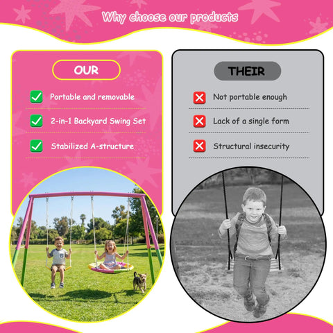 Comparison of pink heavy duty backyard swing set with stand and grey swing, highlighting stability and design features