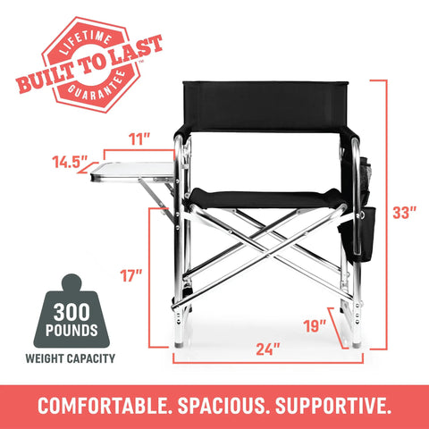 Director Style Outdoor Chair With Side Table And Armrest Caddy, Lightweight Aluminum Folding Camping Chair, Black