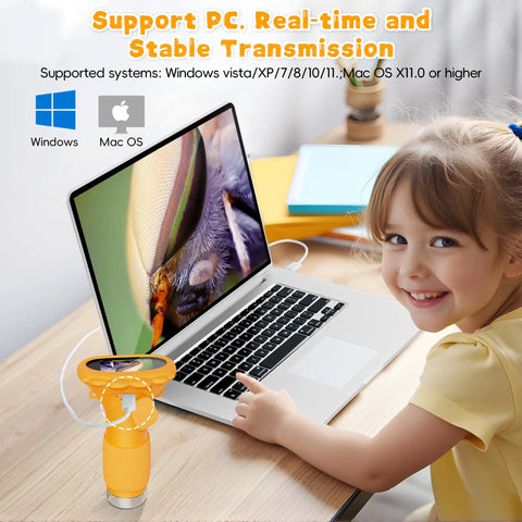 Kid-Friendly 1000X Handheld Digital Microscope With 2 Inch HD IPS Screen, Portable Mini Camera For Exploring Nature, Educational Science Toy Gift For 3-12 Year Old Kids shown with laptop and child