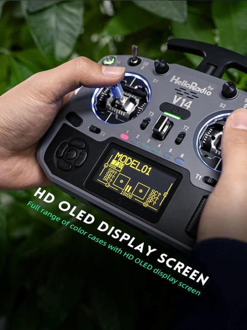 Person holding Pro Grade ELRS FPV Radio Transmitter With OpenTX EdgeTX Support CNC Hall Gimbals OLED Display in hands