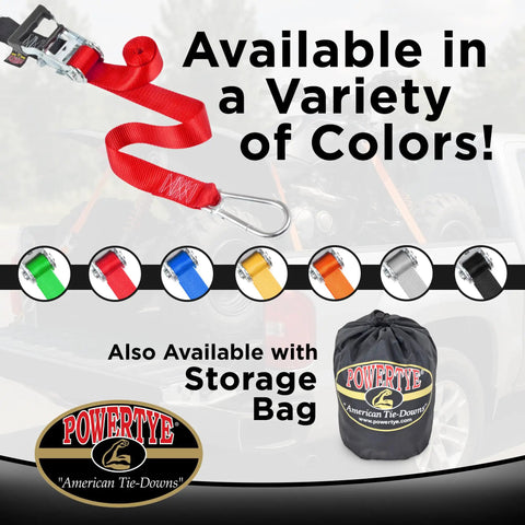 Heavy Duty Ratchet Straps 1.5 Inch By 6.5 Feet Built Tough With Triple Stitched Seams in red with carabiner and storage bag.