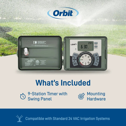 9-Station Outdoor Sprinkler Timer with Indoor and Outdoor Locking Cabinet showing swing panel and digital display
