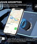 Front view of black 360° rotatable car magnetic phone holder with vacuum suction mounted on the dash.