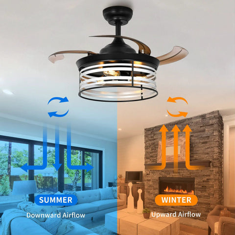 Retractable Ceiling Fan With Lights And Remote 36 Inch Farmhouse Caged Industrial Invisible Enclosed Fan in living room